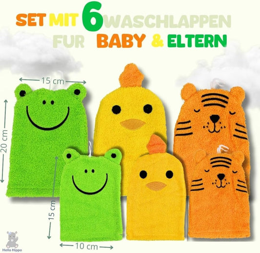 Hello Hippo® 6er-Set Baby Waschlappen – 3 für Eltern & 3 für Kinder – Waschhandschuhe aus Baumwolle – Tiermotive: Frosch, Küken, Tiger – Waschbare Kinderwaschlappen