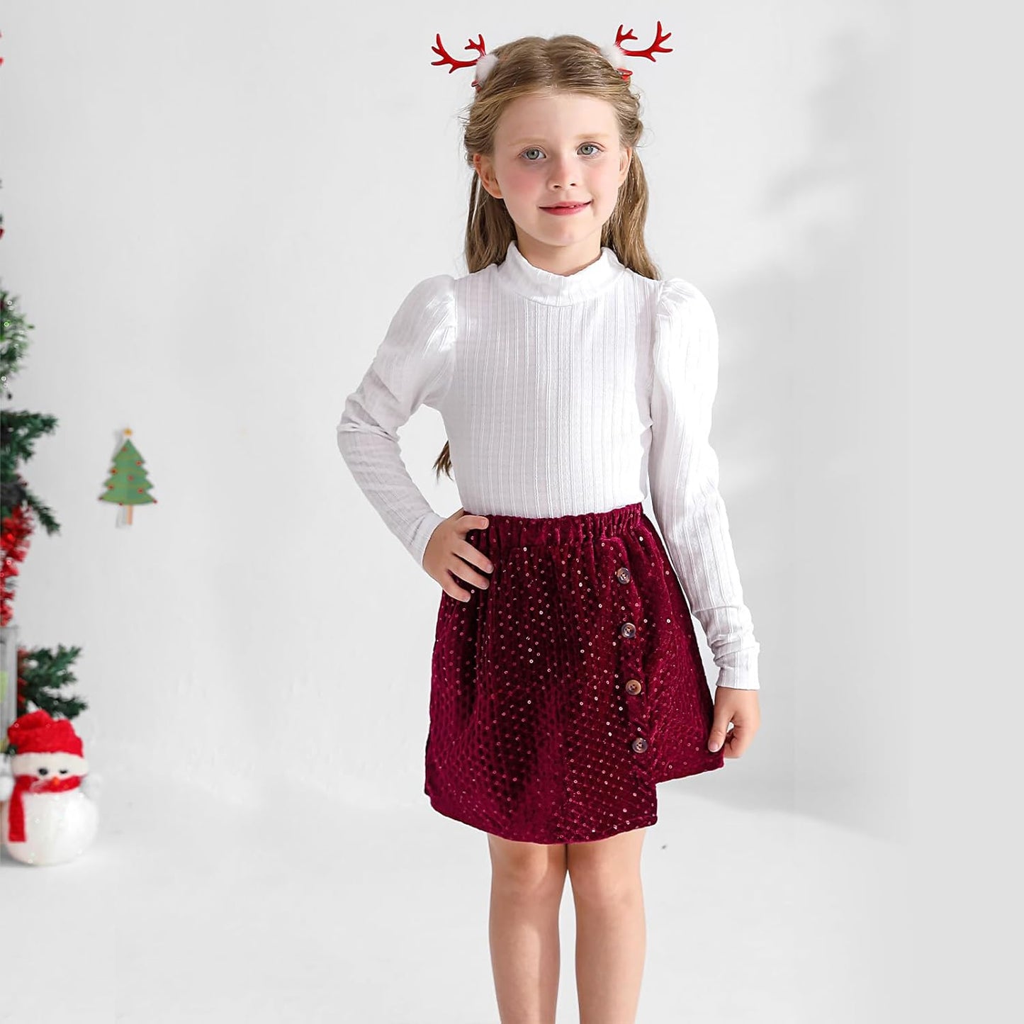 Bkixhv Baby Girls Clothes, Toddler Girls Skirt Set, Autumn Outfits, Long Puff Sleeves, Tops and Sequin Mini Skirt