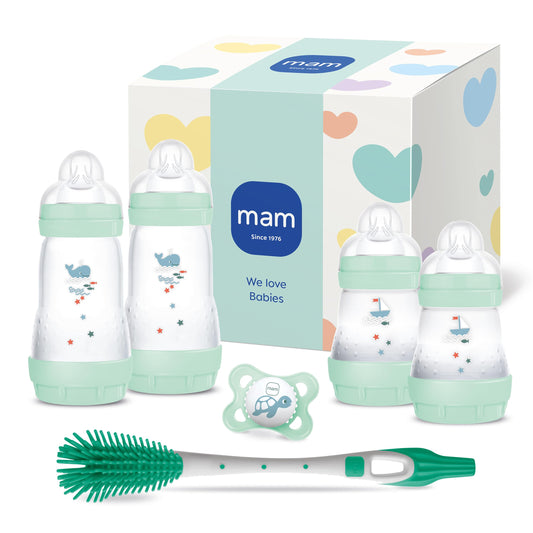 MAM Easy Start Anti-Colic Neugeborenen-Set | 0+ Mon | Babyflaschen-Set | 94% Akzeptanz | 96% Hebammen-Empfehlung | 80% weniger Koliken | 4 Trinkflaschen, 1 Original Schnuller & 1 Soft Brush | mint