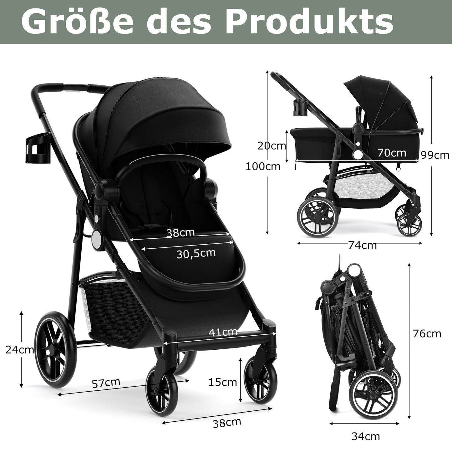 DREAMADE Kinderwagen klappbar, 3 in 1 Buggy mit umkehrbarem Sitz, Verdeck, Aufbewahrungskorb, Becherhalter & 5-Punkt-Sicherheitsgurt, Reisebuggy für Baby 0-6 Monate (Schwarz)