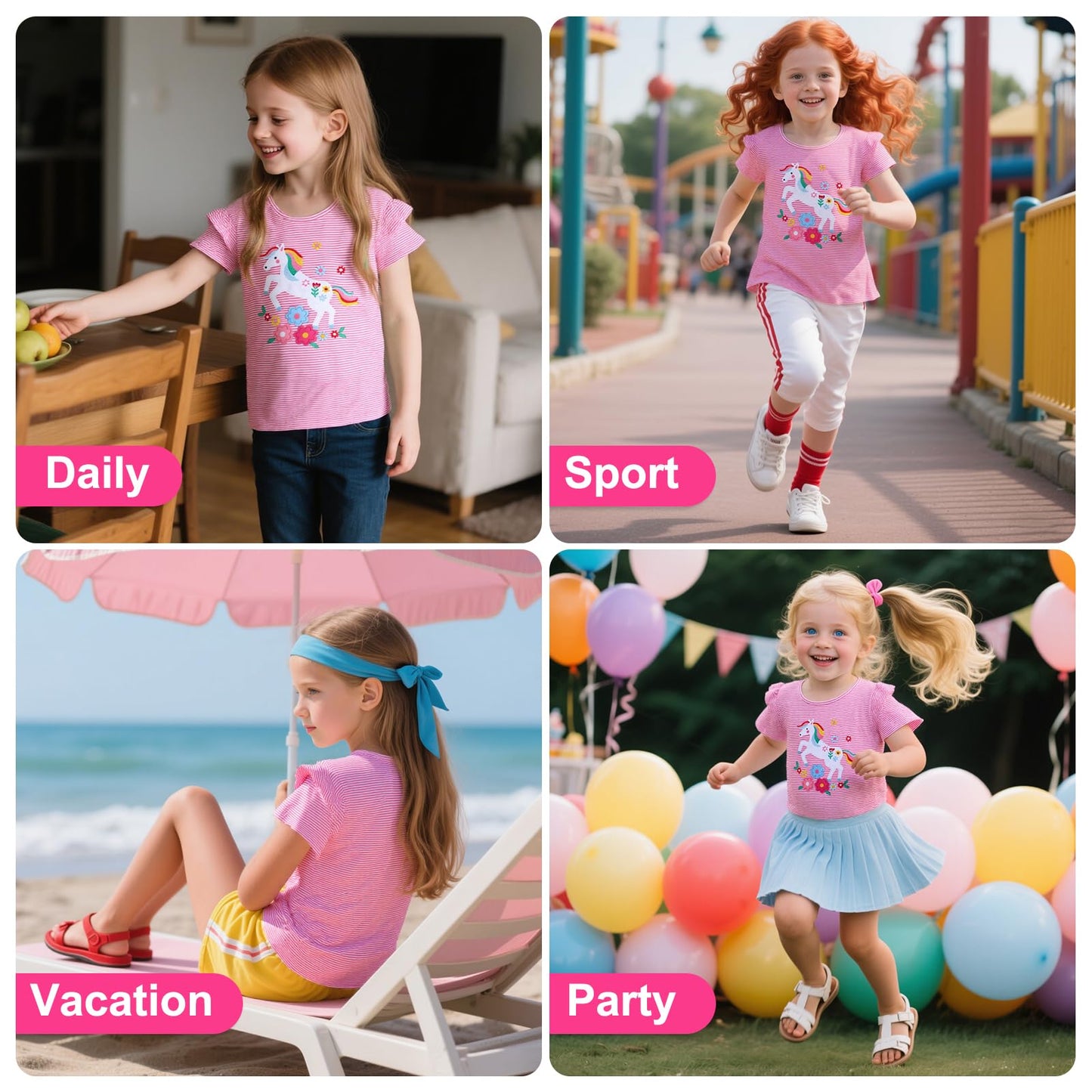 JinBei Mädchen T-Shirts Baumwolle Kinder Kurzarm Oberteile Rundhals Tops Shirts Atmungsaktiven Sommer Kleidung Niedlichen Mustern Sportshirt Casual Rosa und Weiß Streifen 2-7 Jahre, GR. 92-122