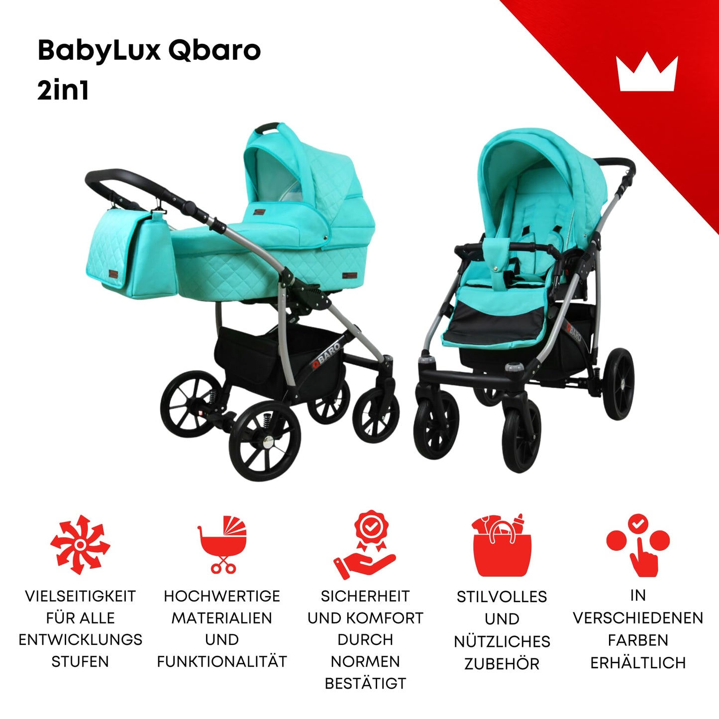 BabyLux® Bambimo Qbaro 3-in-1 Pushchair Set Including Baby Carrycot, Buggy Sports Seat, Car Seat - Car Seat - Pram Set - Combination Pram with Changing Bag, Rain Cover etc.