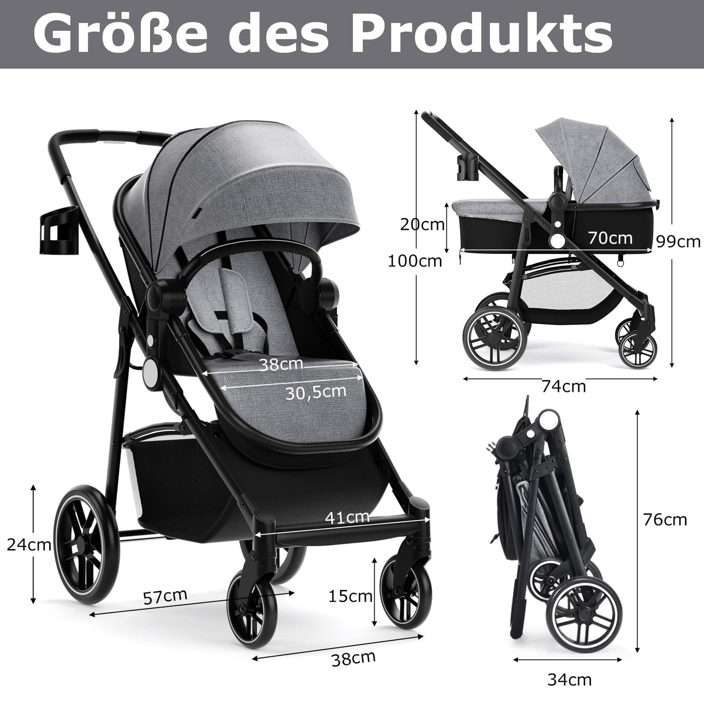 DREAMADE Kinderwagen klappbar, 3 in 1 Buggy mit umkehrbarem Sitz, Verdeck, Aufbewahrungskorb, Becherhalter & 5-Punkt-Sicherheitsgurt, Reisebuggy für Baby 0-6 Monate (Schwarz)