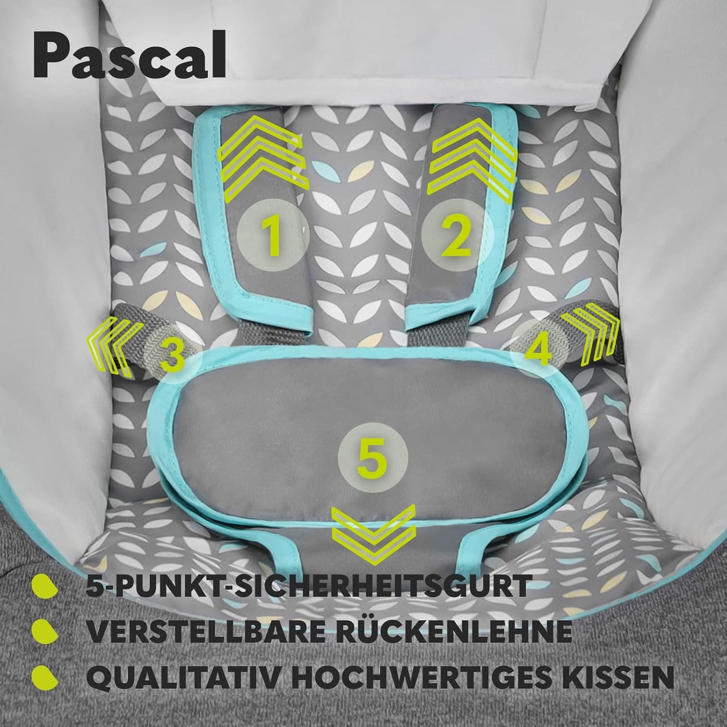 LIONELO Pascal Baby Wippe, sanfte Vibrationen, 5 Melodien, Spielzeugkarussell mit interaktiven Plüschtieren, Kopfkissen, verstellbare Rückenlehne, Energiesparsystem (GREY SCANDI)