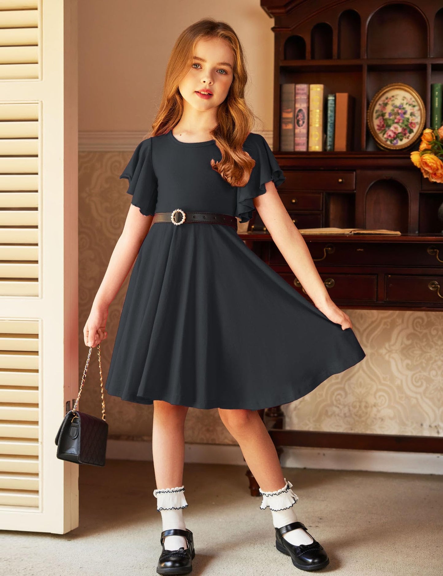 Arshiner Kleider für Mädchen Schmetterlingsärmel Kleid Kinder A-Line Swing Kleid Rundhals Sommerkleid Baumwollekleid Festlich Partykleid Hochzeit Lässige Kinderkleidung mit Tasche