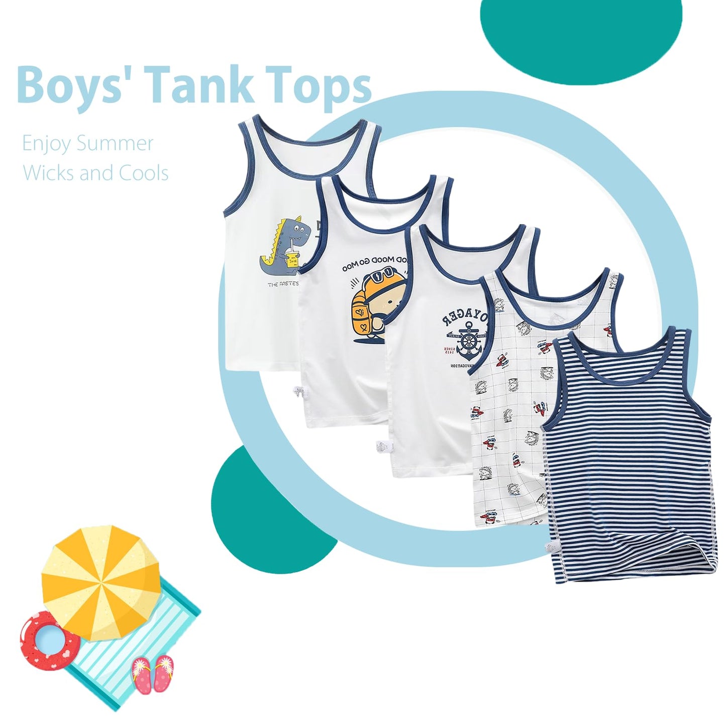 Boletochic 2-10 Years Boys' Vests Cotton Sleeveless Underwear Boys Breathable Soft Tank Tops Pack of 5