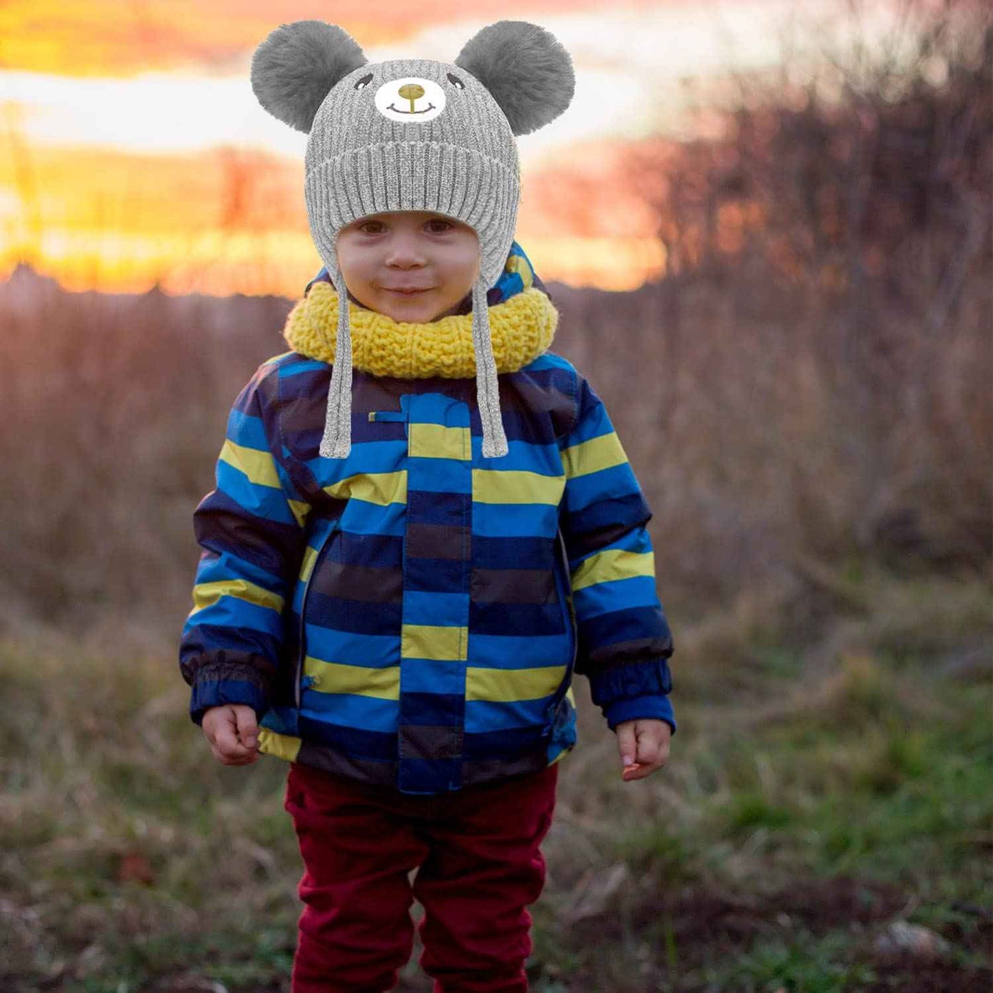 KEELYY Baby Mütze Beanie Strickmütze Herbst Wintermütze Süßer Hut mit Earflap und Bindebändern Warm Hat für Jungen Mädchen