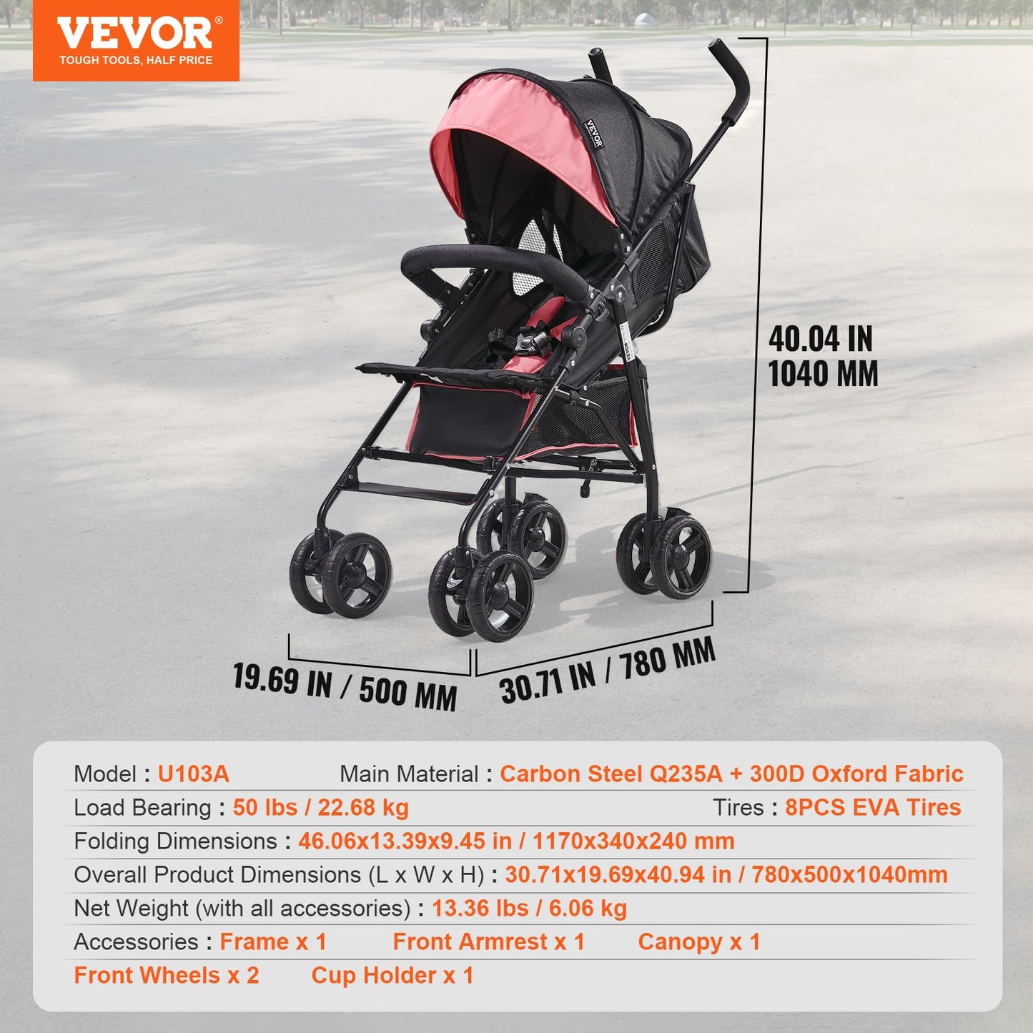 VEVOR Leichter Kinderwagen, kompakt, einfach zusammenklappbar, mit verstellbarer Rückenlehne, Rahmen aus Karbonstahl, großer Aufbewahrungskorb, Kinderwagen mit Schirm für Reisen und mehr, Schwarz/Pink - Meloni2