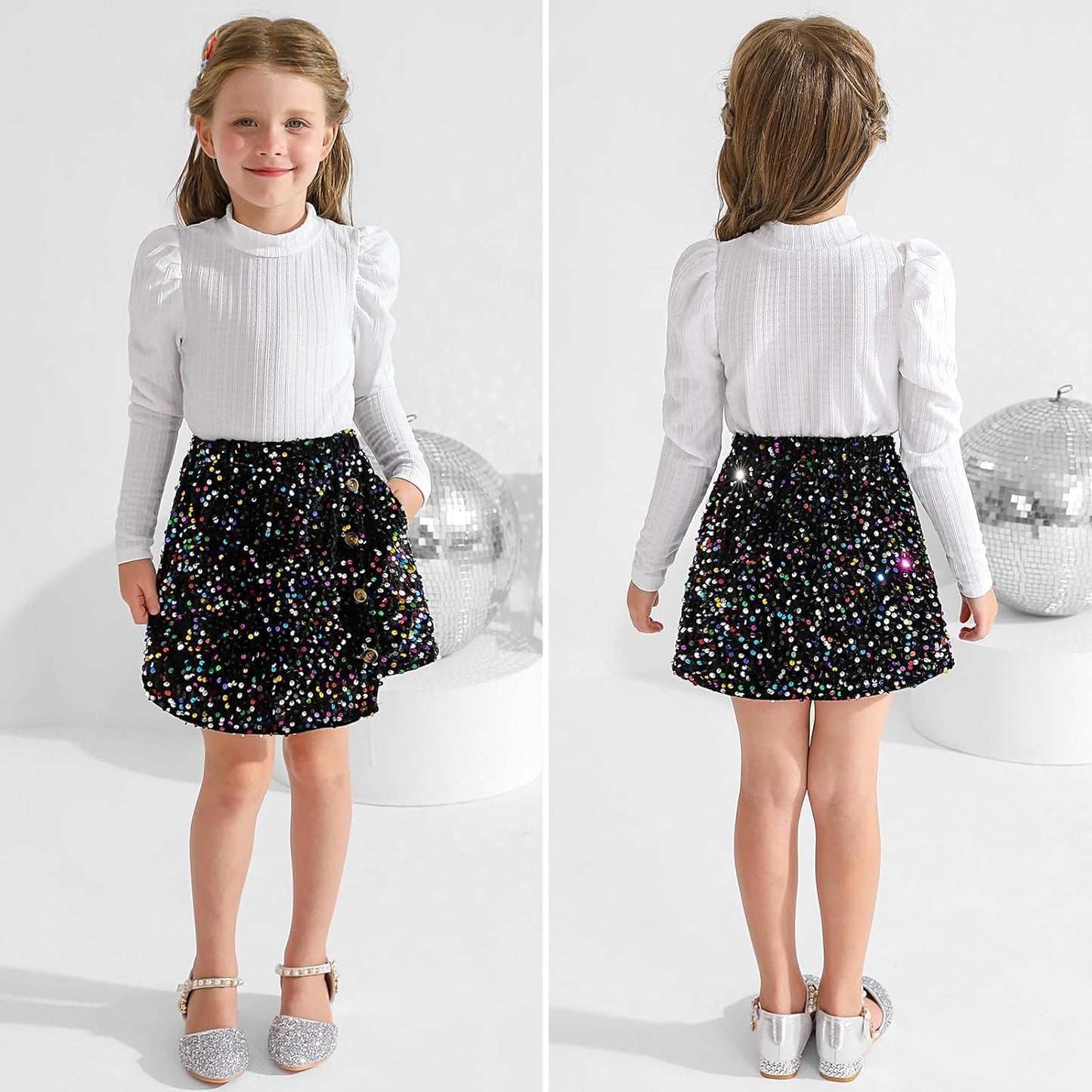Bkixhv Baby Girls Clothes, Toddler Girls Skirt Set, Autumn Outfits, Long Puff Sleeves, Tops and Sequin Mini Skirt