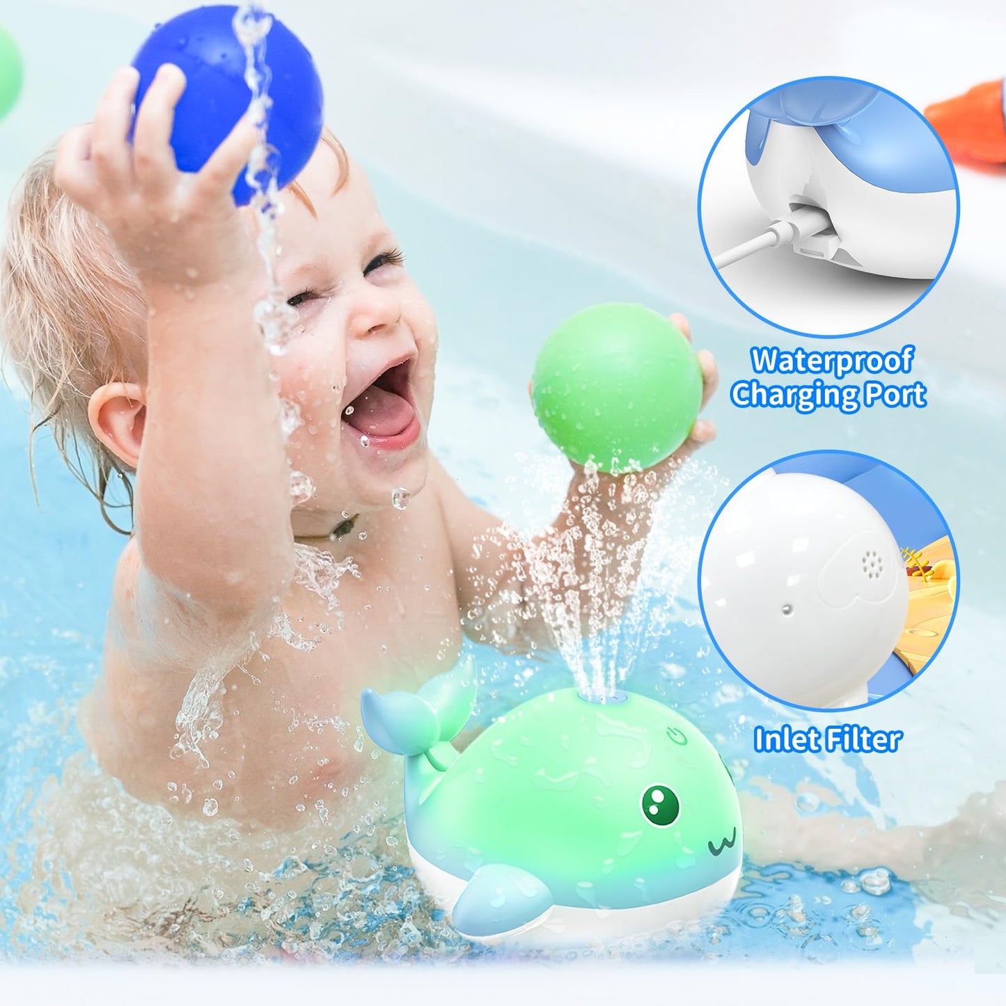 PHNIXGAM Baby Badewannenspielzeug, Wiederaufladbare Licht Up Wal Bad Spielzeug Sprinkler Badewanne Pool Wasser Brunnen Spielzeug für Kleinkinder Kinder, Blau