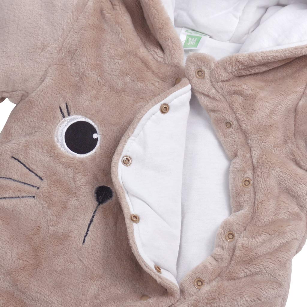 JiAmy Baby-Overall Baby-Strampler Flanell Winter-Strampelanzug mit Füßchen Kapuze Cartoon,Khaki 6-9 Monate