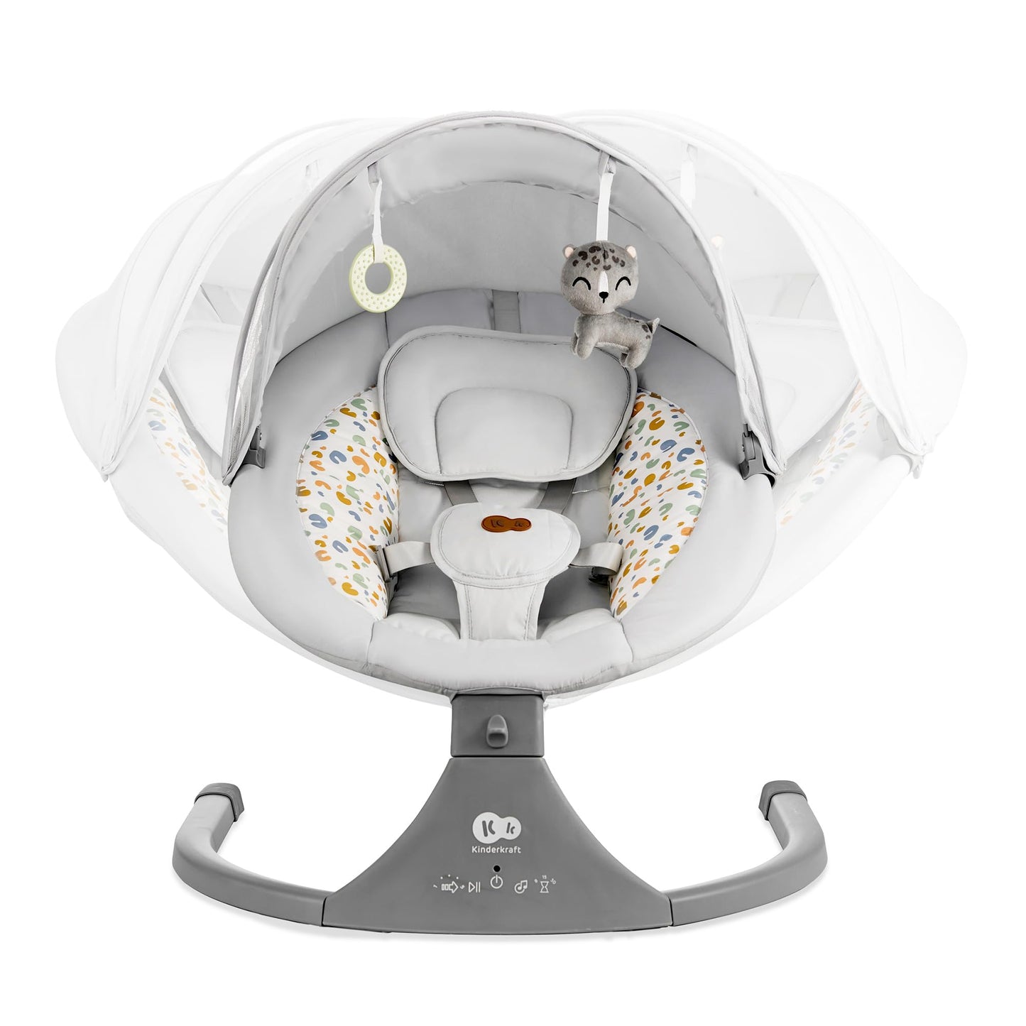 Kinderkraft LUMI 2 Babywippe, Elektrische Babyschaukel, Von der Geburt bis 9 Monate, Höhenverstellbar, 5 Schaukelmodi, 12 Melodien, Bogen mit Spielzeug, Dunkelgrau
