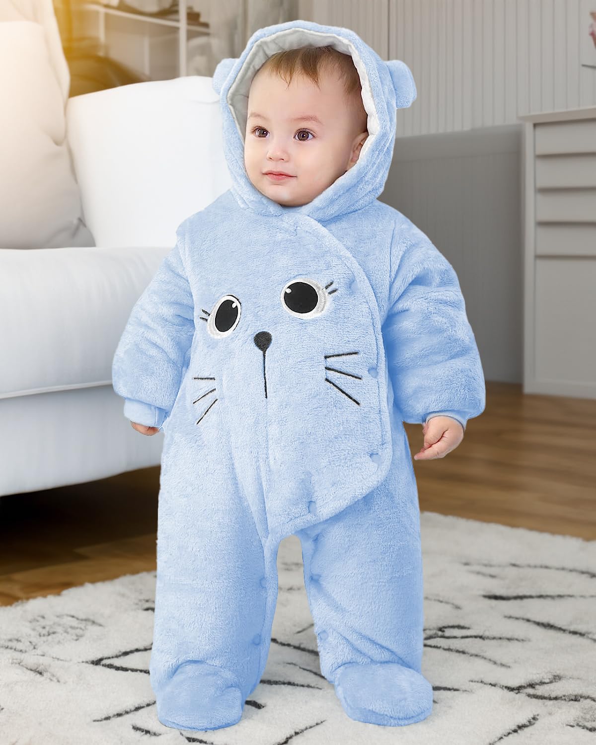 JiAmy Baby-Overall Baby-Strampler Flanell Winter-Strampelanzug mit Füßchen Kapuze Cartoon,Khaki 6-9 Monate