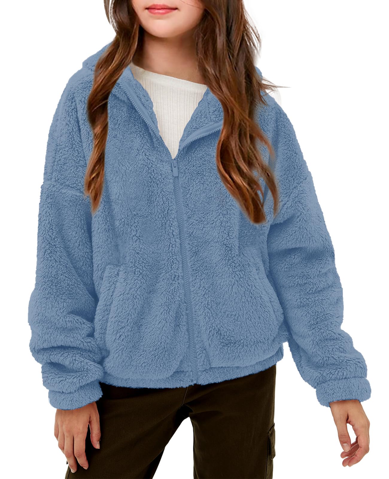 Haloumoning Girls' Fleece Jackets Kids Soft Fuzzy Hoodie Winter Coat Jacket