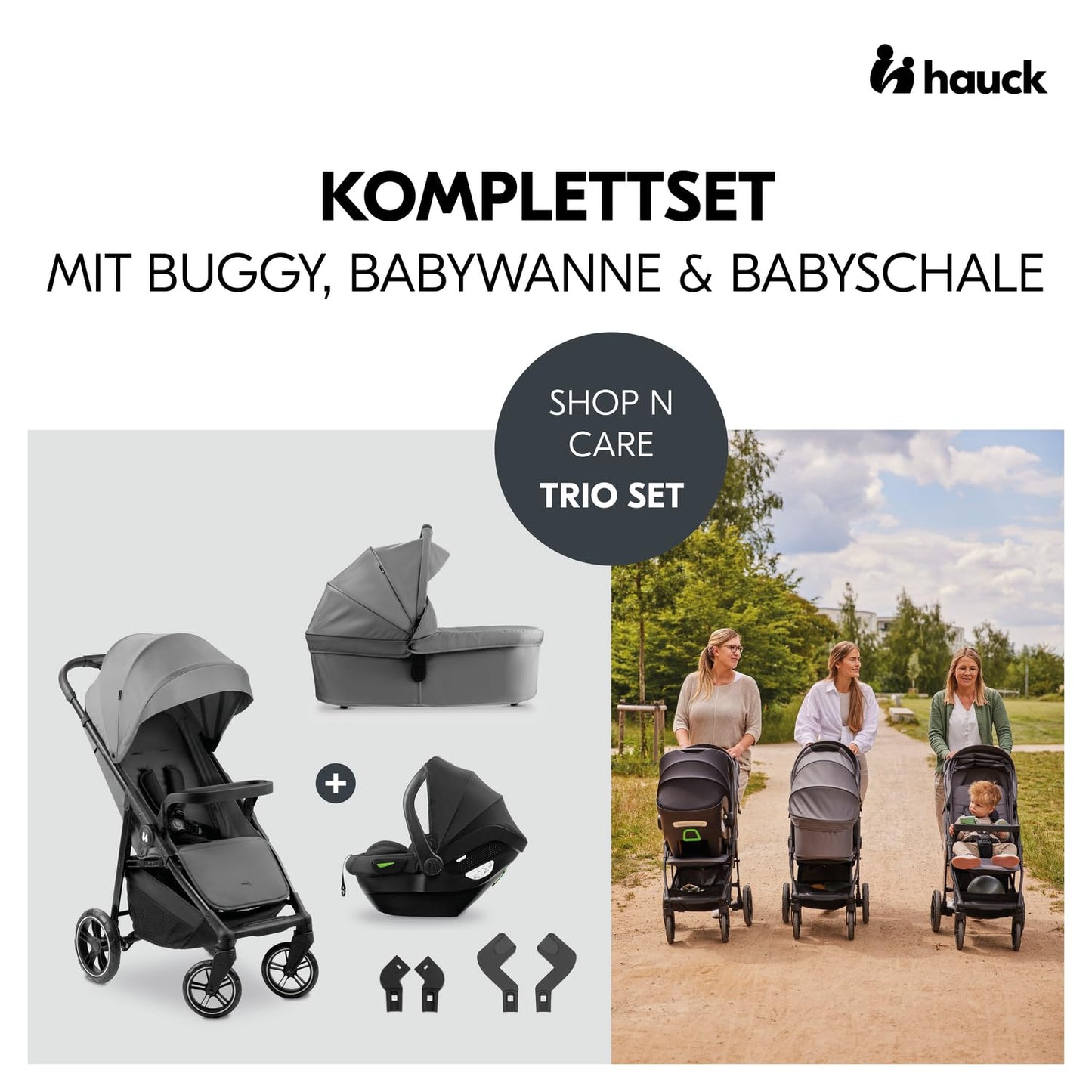 hauck 3in1 Kinderwagen Set Shop N Care Trio Set inkl. Buggy, Babywanne, Babyschale ab Geburt bis 22 kg, Klein Zusammenklappbar, Liegefunktion, Getränkehalter & Tablett, UV-Schutz 50+ (Grey)