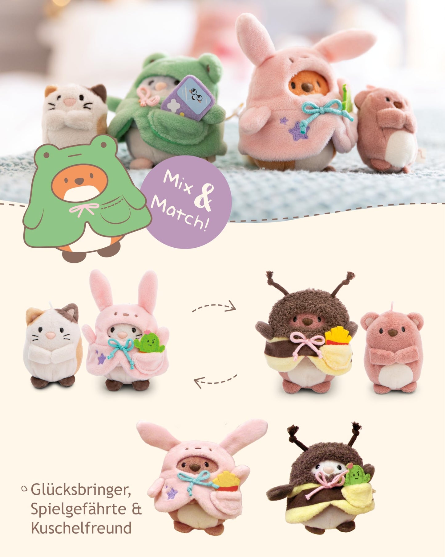 NICI MYMOCHI Kuscheltier Set - Kuscheltier Bär Nomo 8 cm mit Pommes und Bienenkostüm in Geschenkbox, Flauschiges Stofftier zum Kuscheln, Spielen und Liebhaben - 61142