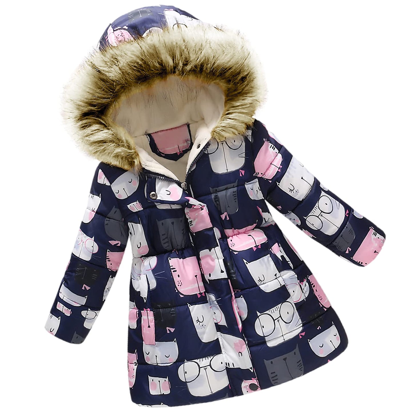 amropi Girls' Floral Winter Jacket with Fur Hood Warm Winter Coat Children's Jacket for 2-10 Years