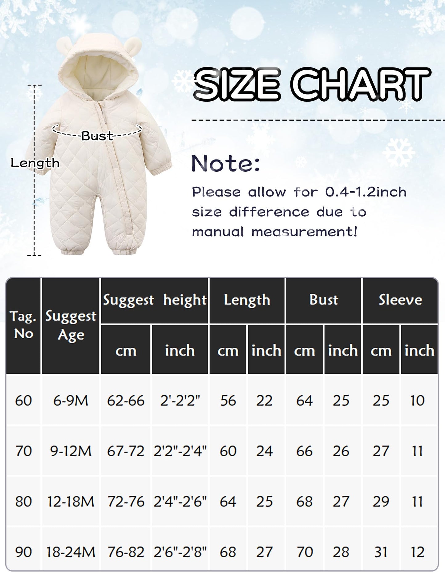 SEAUR Toddler Baby Winter Snowsuit Windproof One Piece Buffer Padded Romper Warm Hooded Outerwear for Baby 6-24 Months