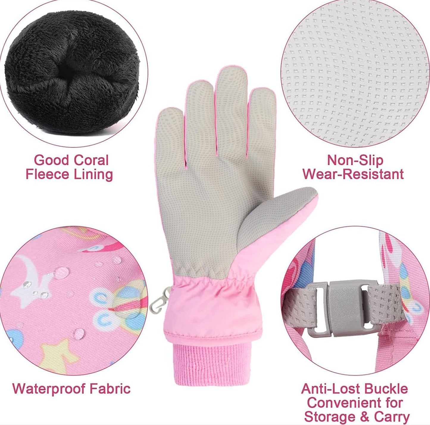 HNGEMSY Children's Winter Snow Gloves Ski Gloves for 2-13 Years Girls Boys PU Palm Waterproof Windproof Warm Fleece Winter Gloves