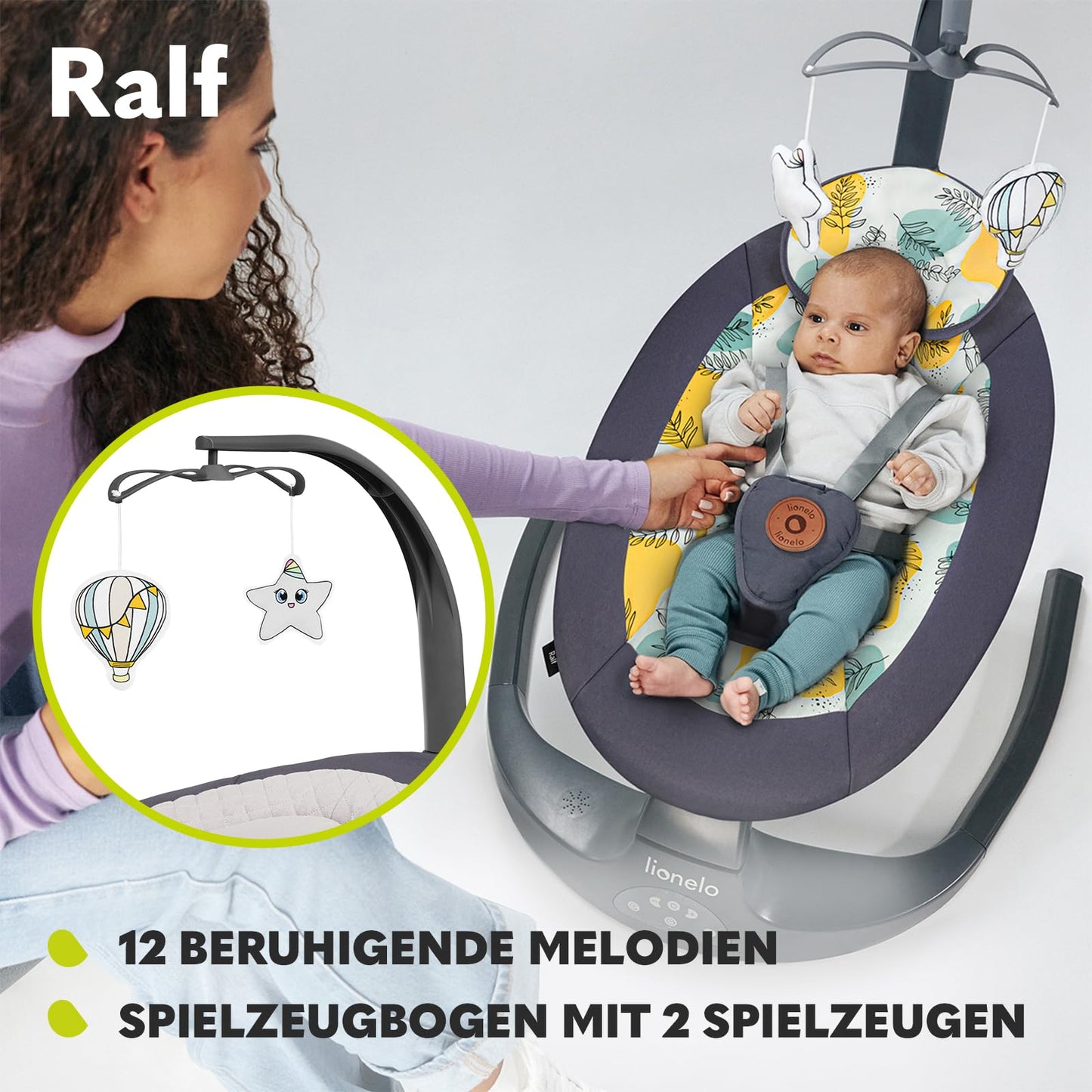LIONELO Ralf 2-in-1 baby bouncer and recliner, remote control, 12 melodies, two rocking directions, 5 rocking speeds, locking, backrest adjustment, timer, quiet operation