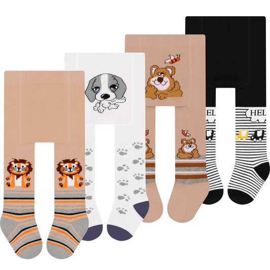 L&K-II Pack of 4 Baby Tights for Baby Boys with Dog Lions Monkeys Bears and Car Motif 2760