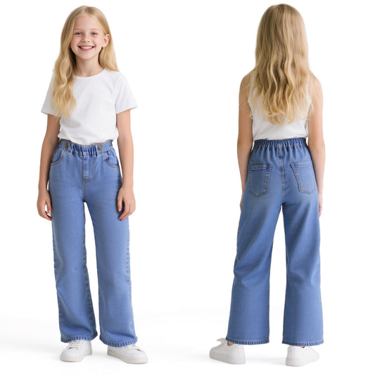 Baogaier Girls Jeans Wide Leg Denim Pants Kids Baggy Jeans Casual Soft Elastic Waist Wide Leg Streetwear with Pockets Teenager Loose Fit Jean Pants for 6-14 Years, Size 122-164