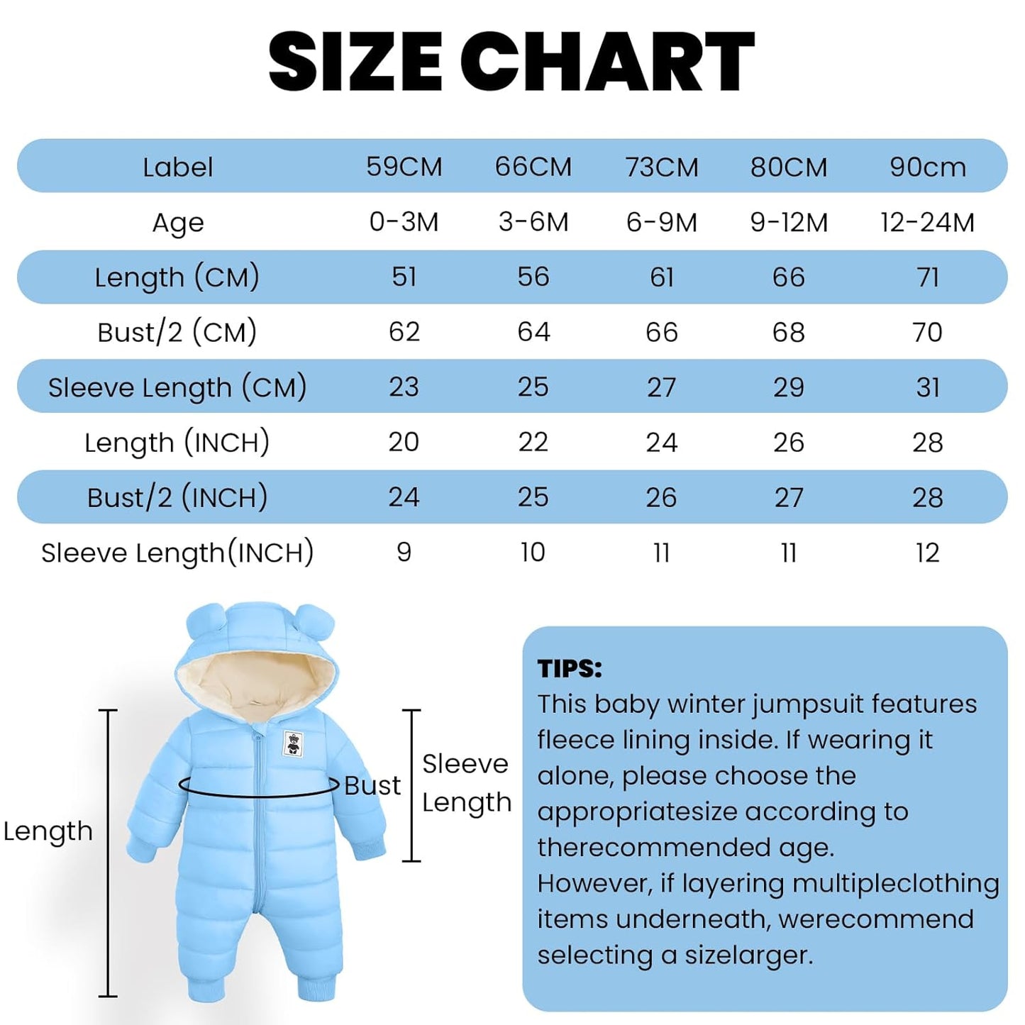Minizone Baby Winter Jumpsuit with Hood, Romper Snowsuit Boys and Girls, Long-Sleeve Jumpsuit, Warm Outfits, Gift, 6-9 Months, 80 cm, Black