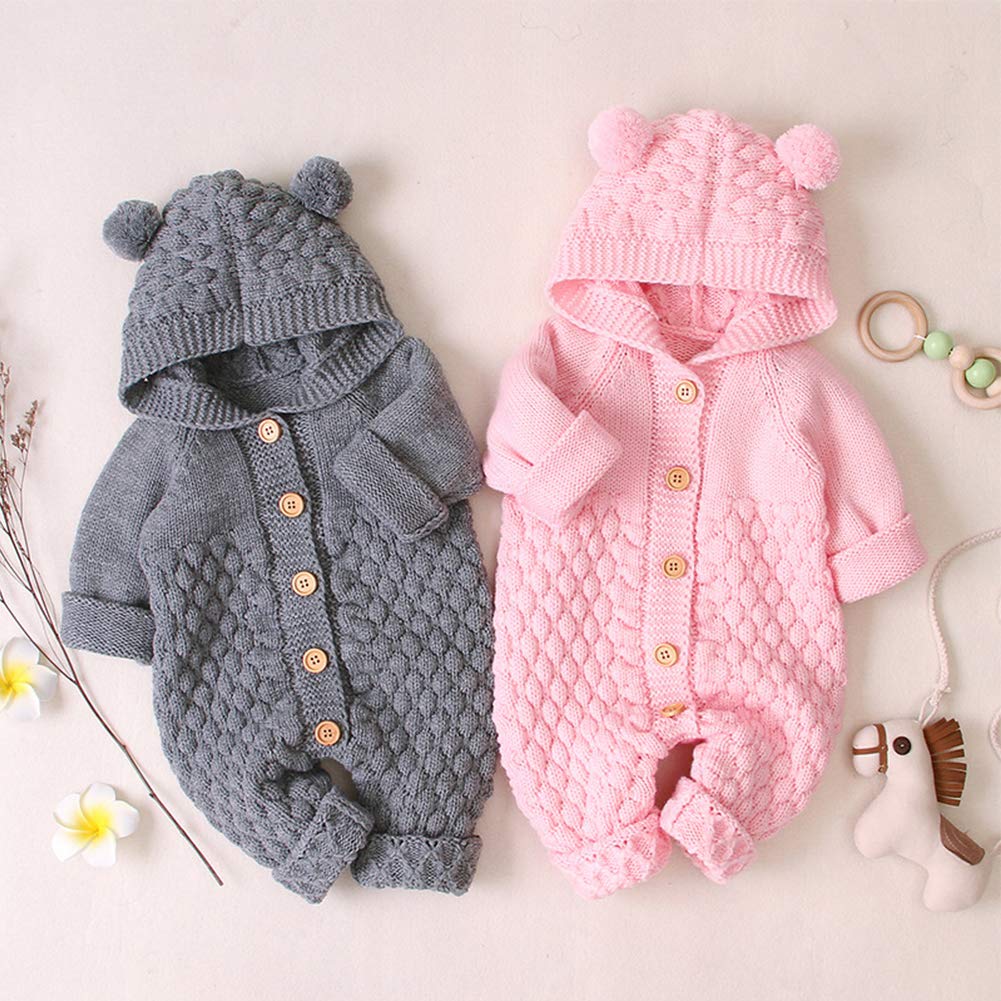 OBEEII Newborn Baby Knitted Romper Jumpsuit with Hood Ear Onesies Pullover Winter Warmer Onesie Bodysuit for Boys Girls