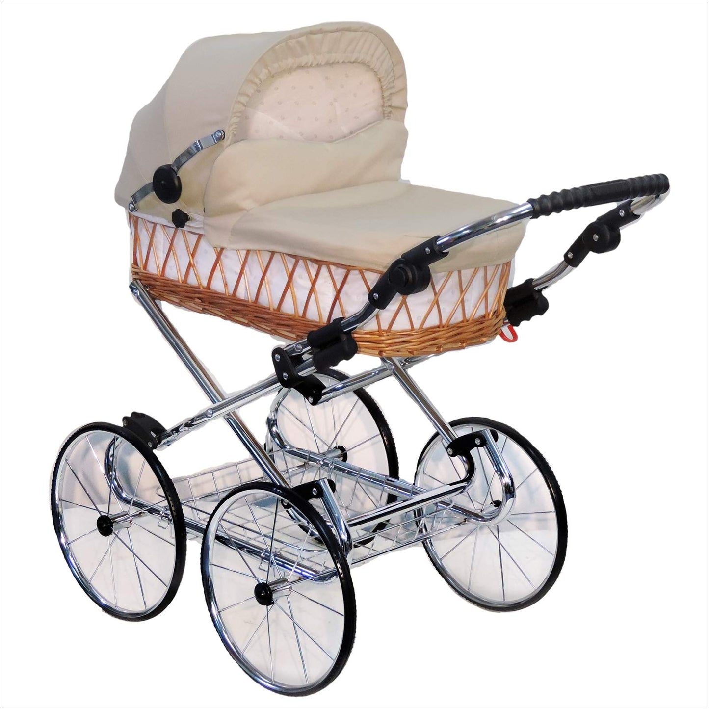 EICHHORN Kinderwagen Wicker Basket Doll's Pram Retro Toy Classic (Basket Natural, Fabric Navy Blue)