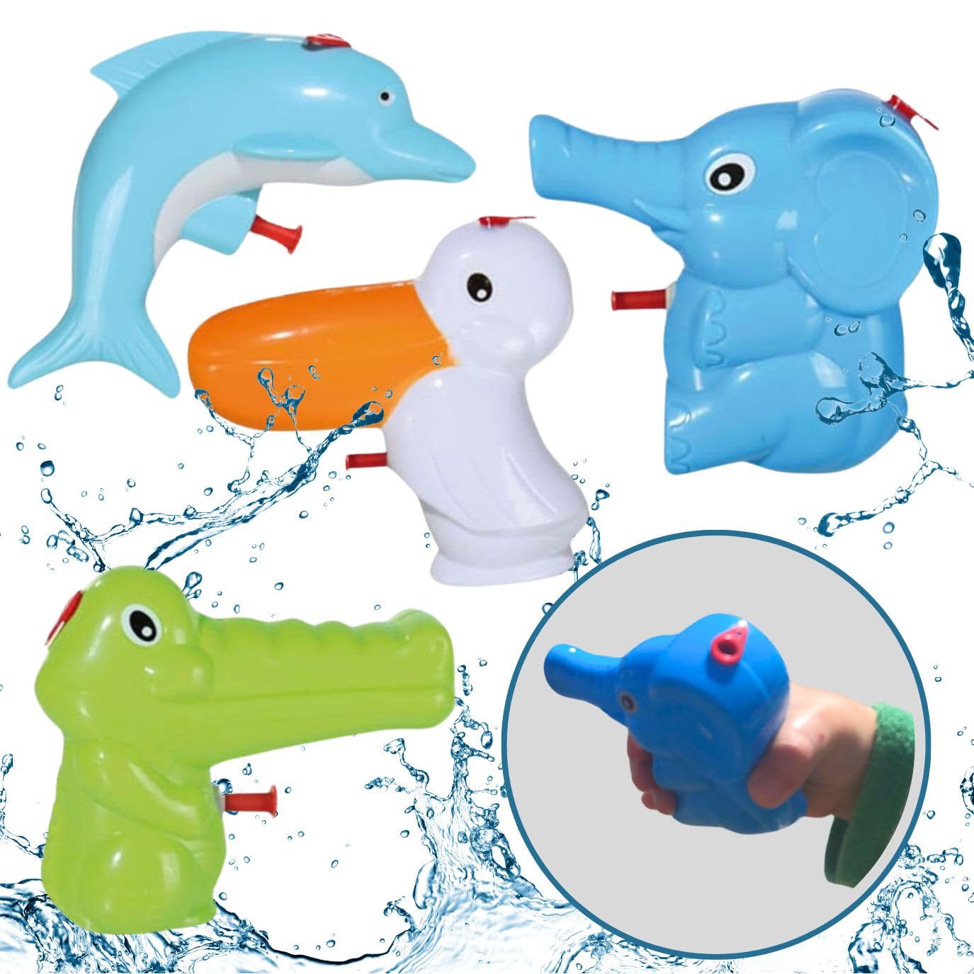 Bada Bing 4er Set Wasserpistole Tiere für Kinder Spritzpistole Kleinkind süß klein Kindgerecht Kindergeburtstag Geschenk Mitbringsel Spielzeug Wasserspritze Sommer Pelikan Elefant Delfin Krokodil 92