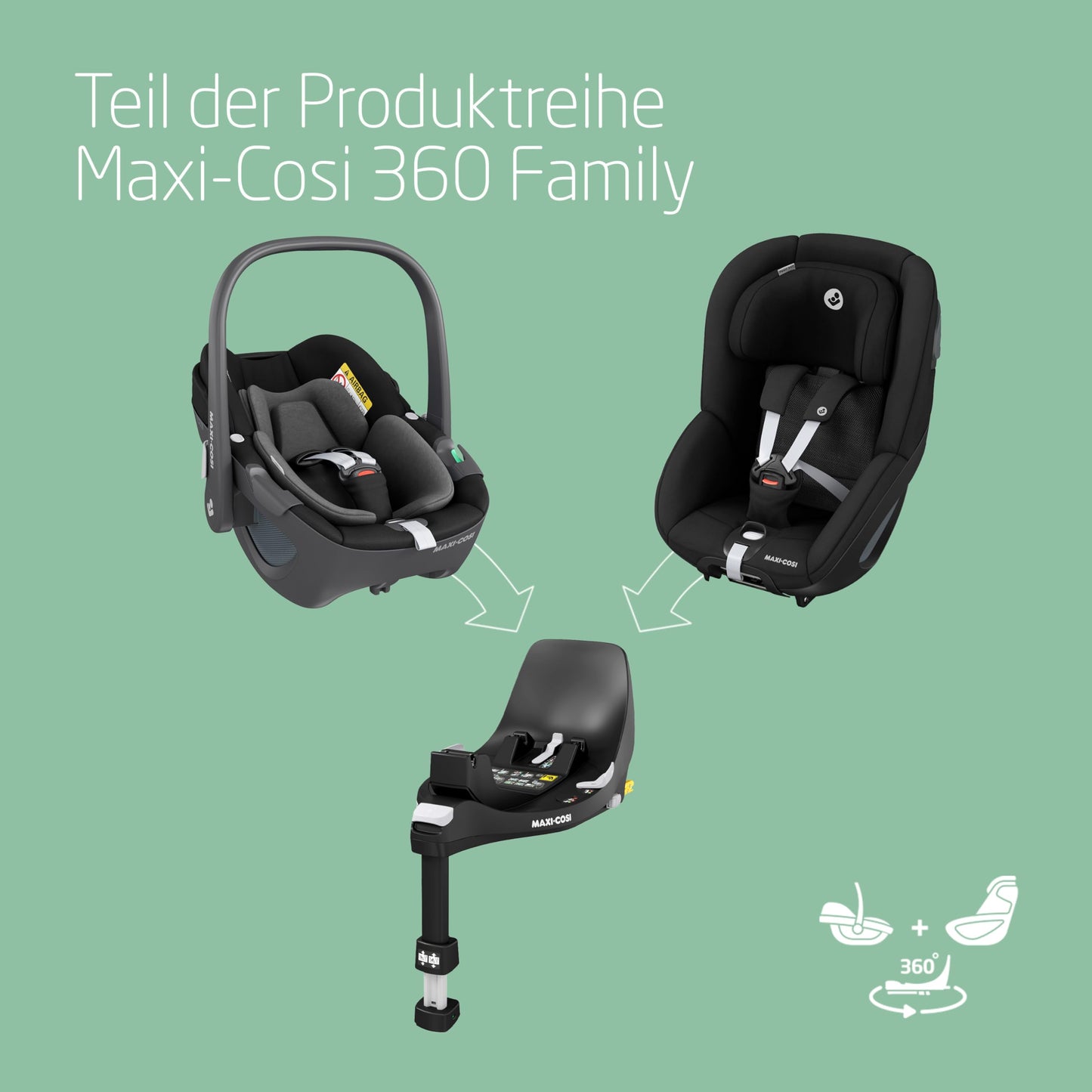 Maxi-Cosi Pebble 360 i-Size Babyschale Drehbar, Neugeborenen Autositz 360 Grad, 0–15 Monate (40–83 cm), Drehung mit einer, ClimaFlow, Easy-In-Gurt, G-CELL Seitenaufprallschutz, Essential Green