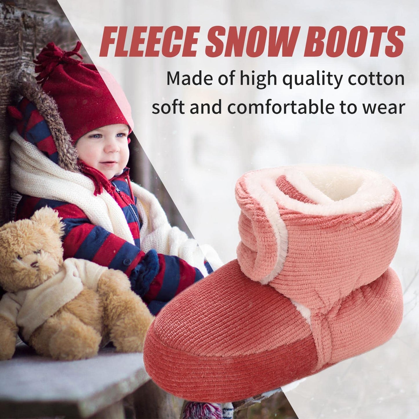 Baby Newborn Fleece Bootie, Winter Warm Non-Slip Soft Sole Winter Shoes, Sock Shoes, Cute Adjustable Crawling Shoes, Prewalker Boots for Girls and Boys, Toddler Size 0-18 Months