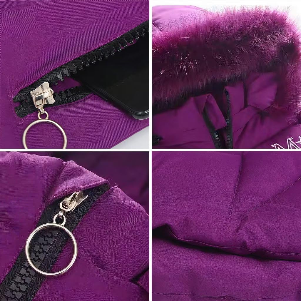 linboo Girls' Winter Jacket with Removable Fur Hood Warm Long Coat Children's Parka Outdoor Jacket with Letters and Cute Patterns