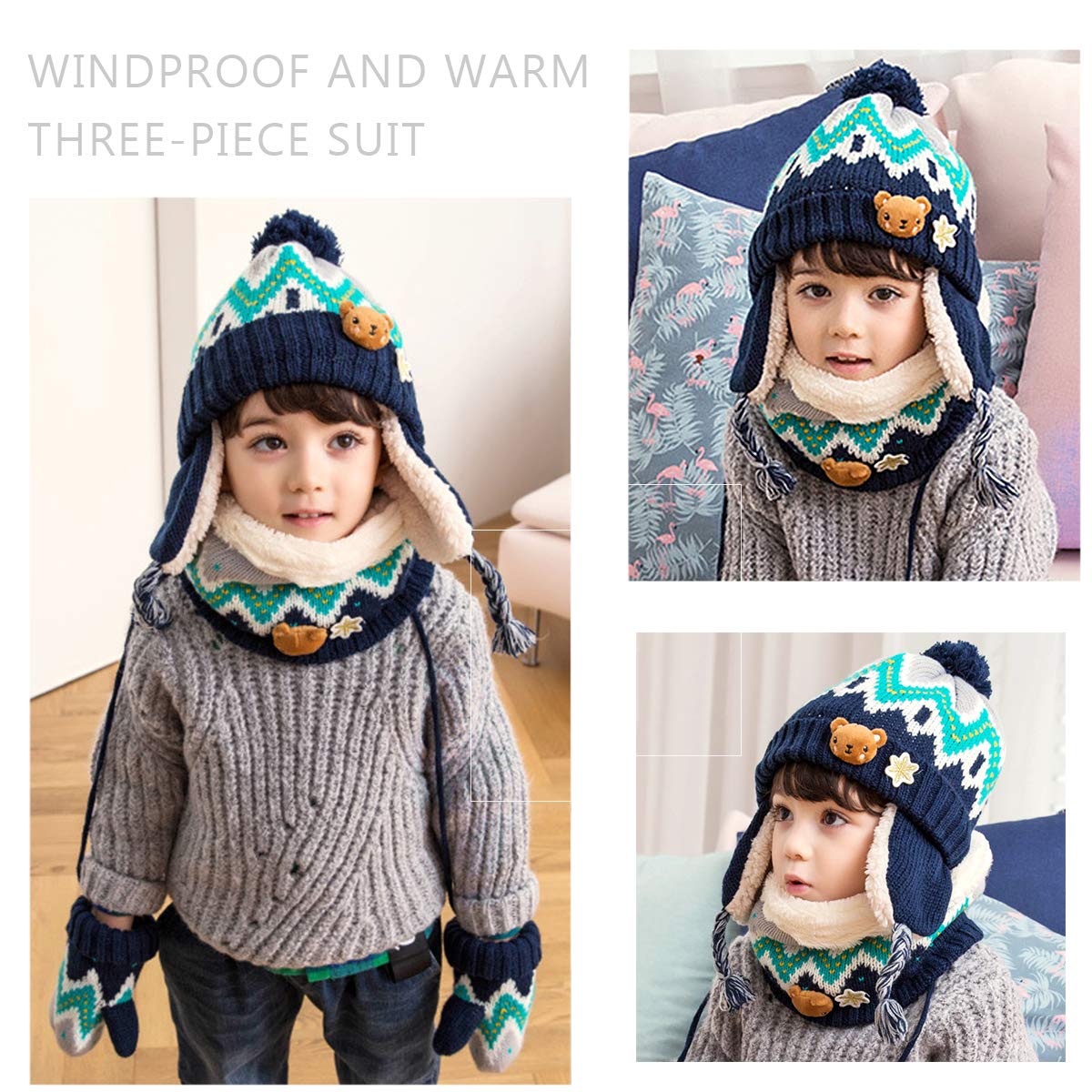 DORRISO Unisex-Baby Jungen Mädchen Mütze Schal Handschuh Set Niedlich Frühling Winter Herbst Beanie Strickmütze Warm Niedlich Klein Fuchs Wintermütze 1-6 Jahre alt