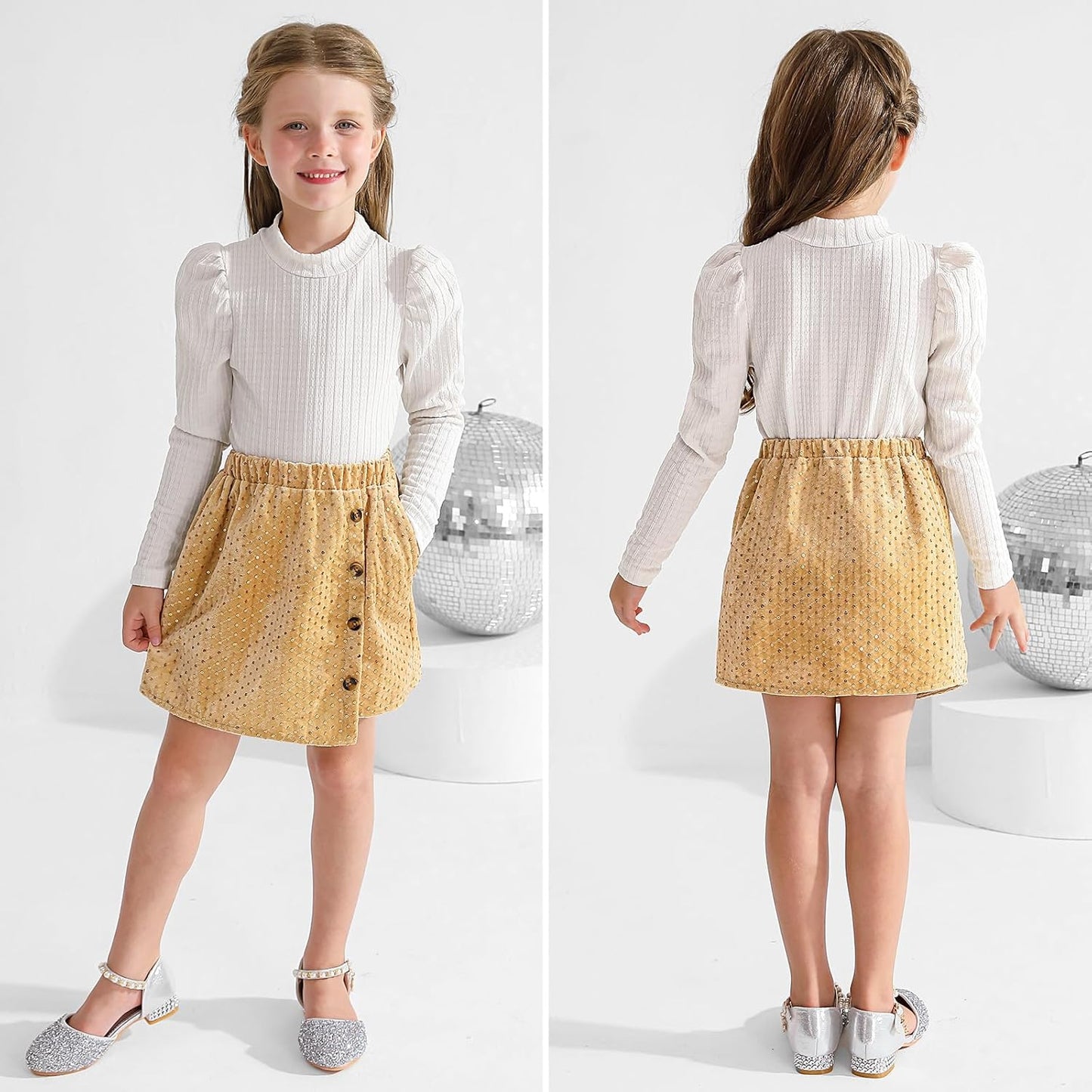Bkixhv Baby Girls Clothes, Toddler Girls Skirt Set, Autumn Outfits, Long Puff Sleeves, Tops and Sequin Mini Skirt