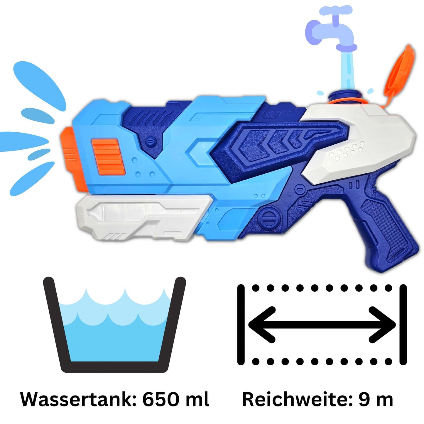 alldoro 60103 Water Power Wasserpistole ca. 27 cm, Reichweite bis zu 8 Meter, Wasserkanone mit 240 ml Wassertank, für Kinder ab 3 Jahren