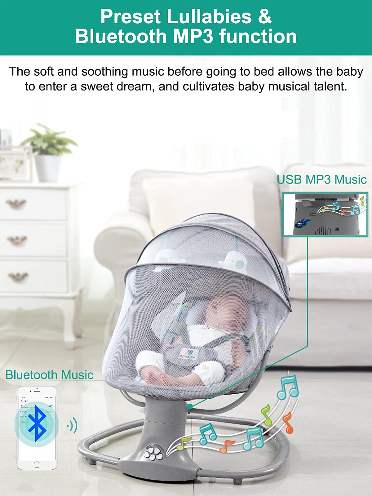Sianldcone Baby Cradle, Bassinet Baby Toddler Cradle, Baby Bedside Table, Foldable Convertible Co-Sleeping Baby Bed with Music, 5-Swaying Gears (HR00 Pink)