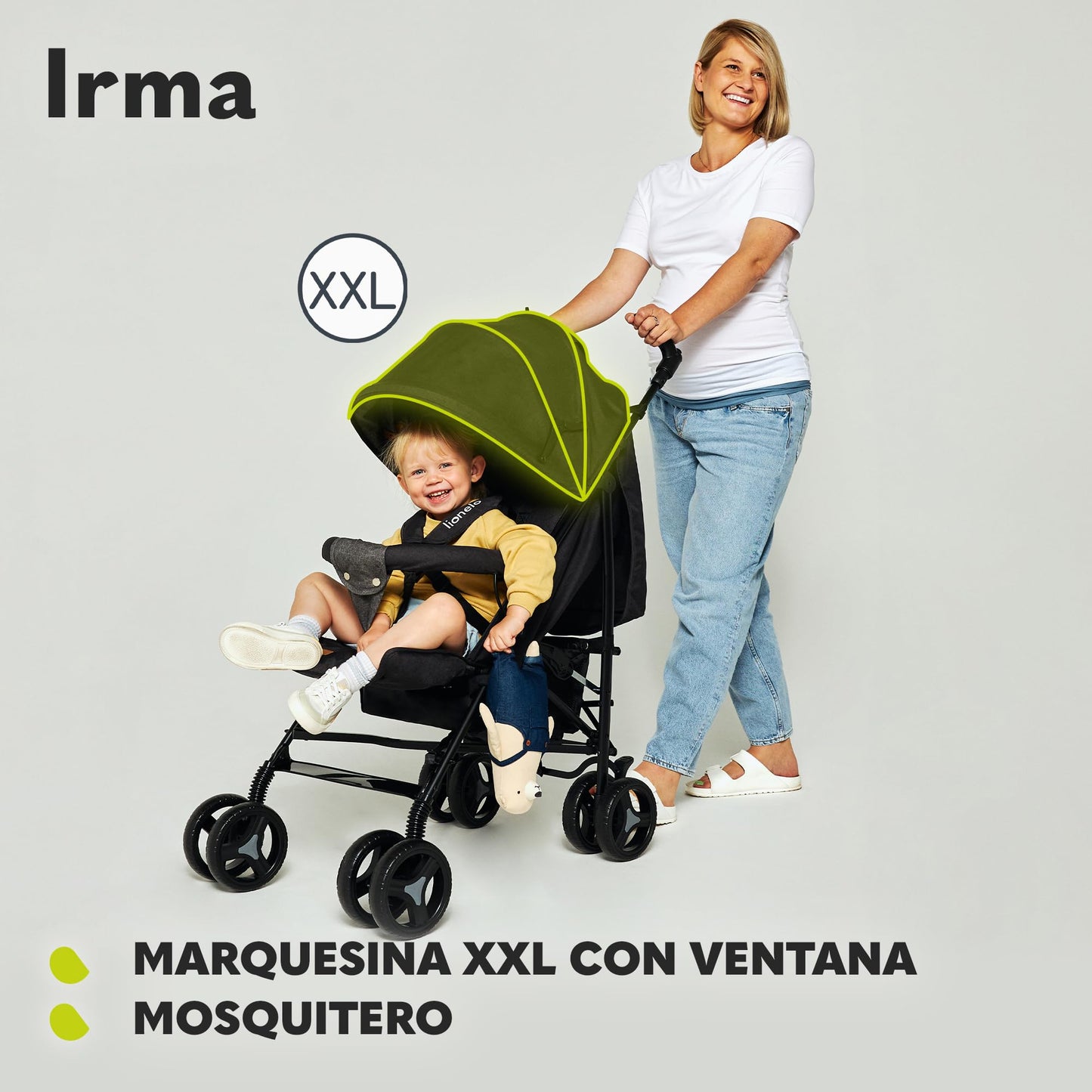Lionelo Irma Pushchair up to 15 kg, Lightweight Modern Pushchair with Reclining Function, Foldable, Large 6 Inch Wheels, Large Basket, Bag, Mosquito Net