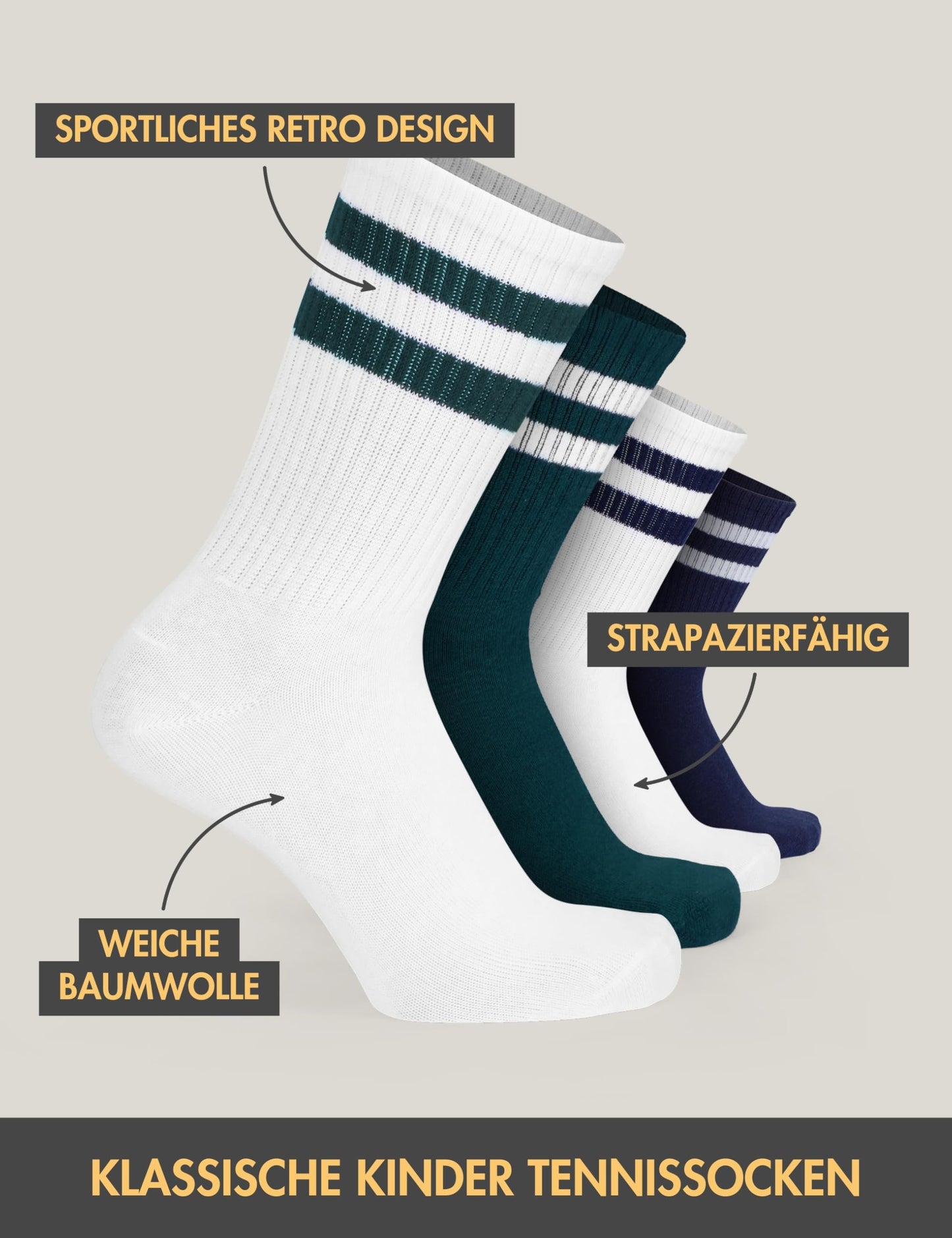Basic Treasure 4 Paar Sportsocken Kinder, Kindersocken Baumwolle, Kinder Socken Jungen und Mädchen, Tennissocken