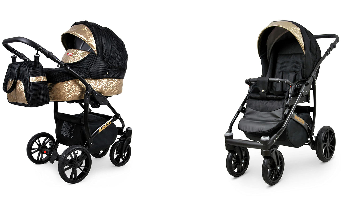 BabyLux Miracle 2-in-1 Baby Pushchair Deep and Pushchair with Accessories Adjustable and Foldable Aluminium Construction Waterproof Non-Removable Wheels Gold Leaf