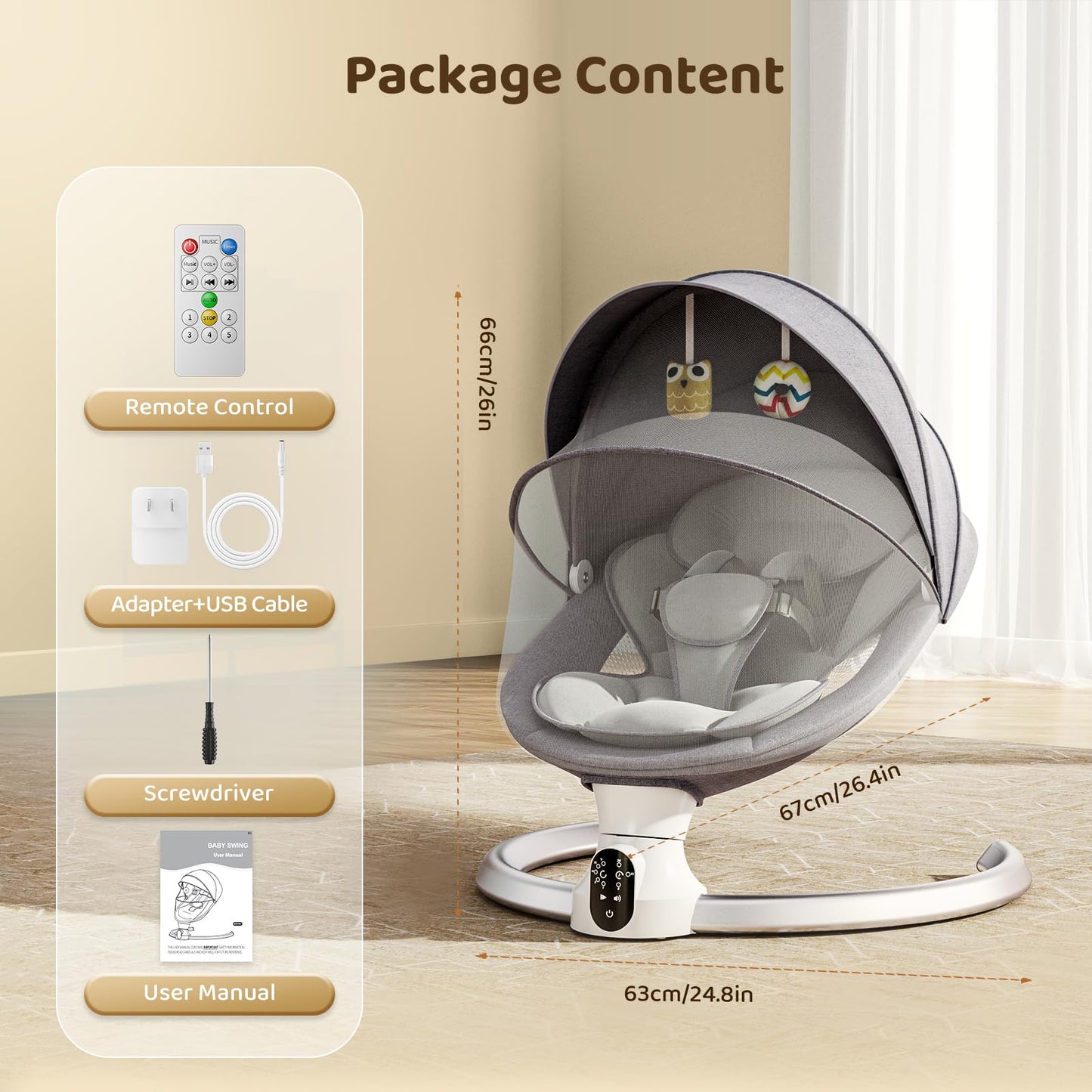 Hlieeosfcn Babywippe für Kinder,Babywippe Elektrisch mit 5 Natürlichen Schaukelgeschwindigkeiten,Elektrische Babyschaukel mit Musik, Nutzbar ab der Geburt bis ca. 6 Monaten,Fernbedienung,Grau