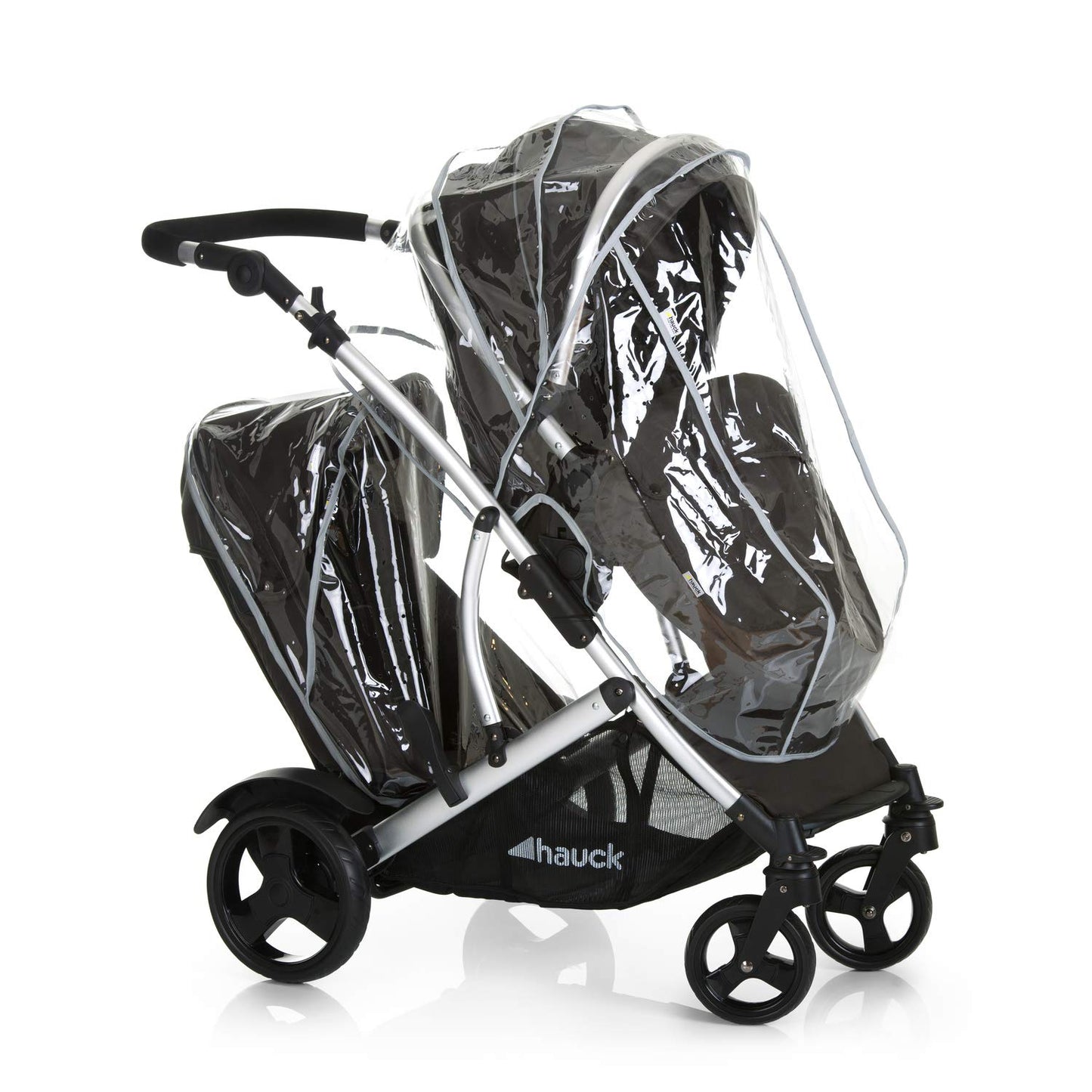 Hauck Duett 2 sibling stroller including rain cover for children up to 15 kg each, main seat convertible to carrycot from birth with reclining position, second seat removable, height adjustable (Black Forest)