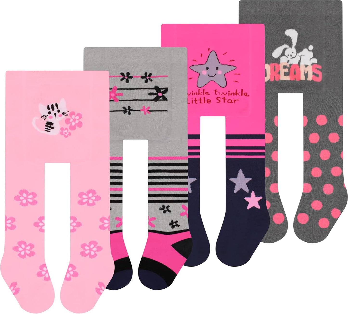 L&K-II Pack of 4 Baby Tights for Baby Girls with Dots Stripes Carzen and Butterfly Motif 2762