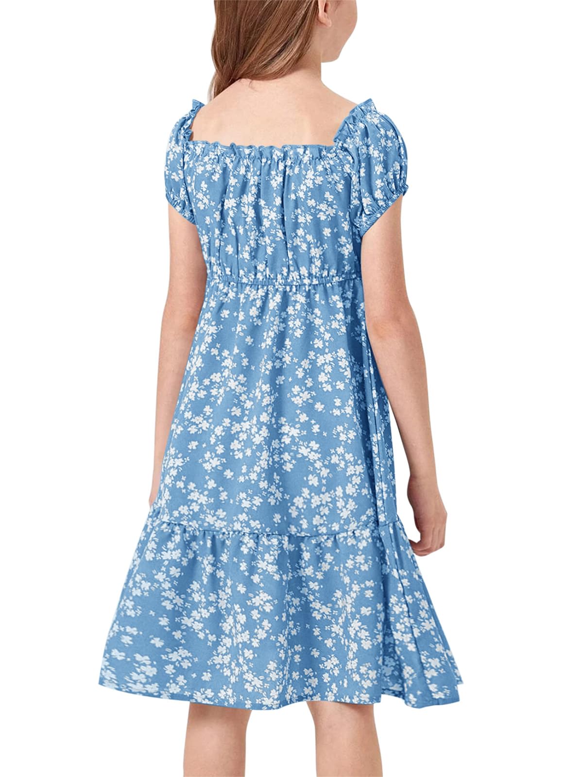 Haloumoning Mädchen Kleider Eckiger Ausschnitt Blumenkleid Kleider Sommer Puffärmel A-Linie Midikleid Kinder Partykleid