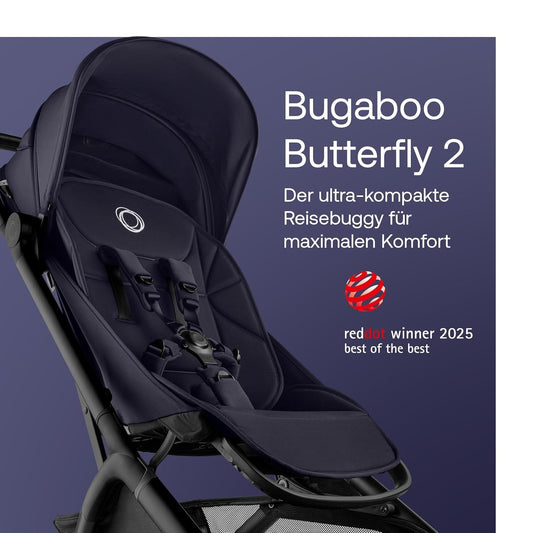 Bugaboo Butterfly 2 Reisebuggy Set – leichter, faltbarer Kinderwagen mit Sicherheitsbügel & Regenabdeckung – Handgepäckgröße, mit Liegefunktion – ab 6 Monaten bis 4 Jahre – Deep Indigo