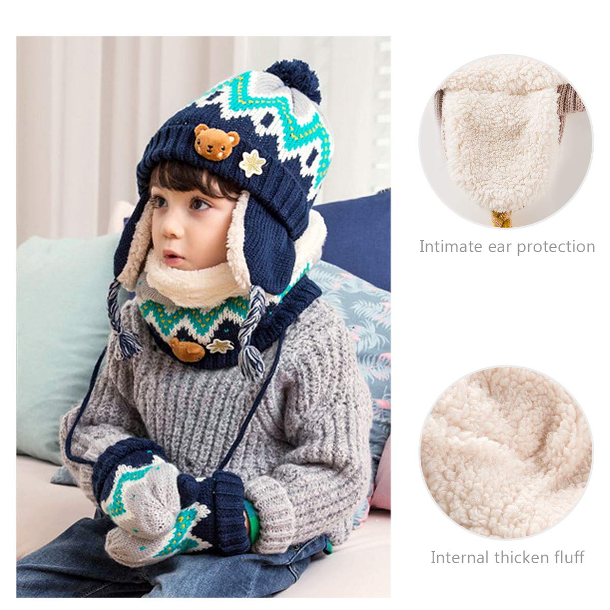 DORRISO Unisex-Baby Jungen Mädchen Mütze Schal Handschuh Set Niedlich Frühling Winter Herbst Beanie Strickmütze Warm Niedlich Klein Fuchs Wintermütze 1-6 Jahre alt