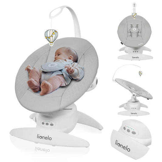 LIONELO Iris Electric Baby Rocker 360° Rotatable for Babies up to 9 kg Adjustable Backrest, 5 Weighing Speeds, Non-Slip Safety Belt, 12 Melodies Hanger with Toy Remote Control