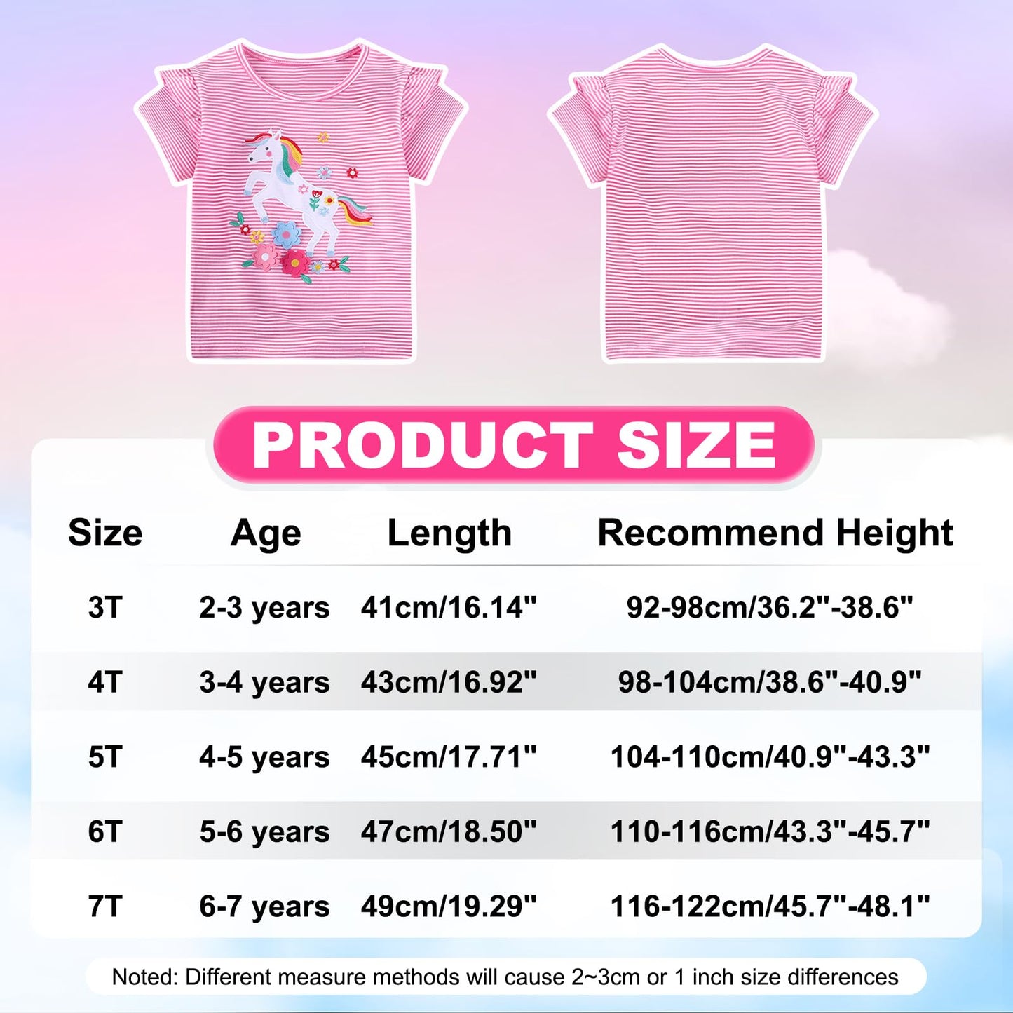 JinBei Mädchen T-Shirts Baumwolle Kinder Kurzarm Oberteile Rundhals Tops Shirts Atmungsaktiven Sommer Kleidung Niedlichen Mustern Sportshirt Casual Rosa und Weiß Streifen 2-7 Jahre, GR. 92-122