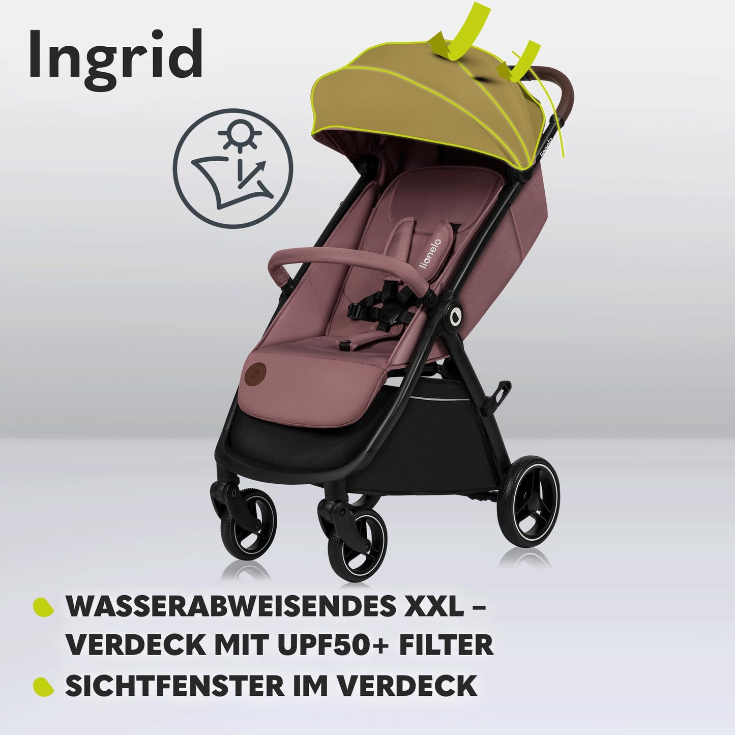 LIONELO INGRID Kinderwagen bis 22 kg von 6 Monaten bis 4 Jahren Große 360° schwenkbare Räder Volle Federung Einhändig zusammenklappbar Verstellbare Rückenlehne und Fußstütze Großes XXL-Verdeck