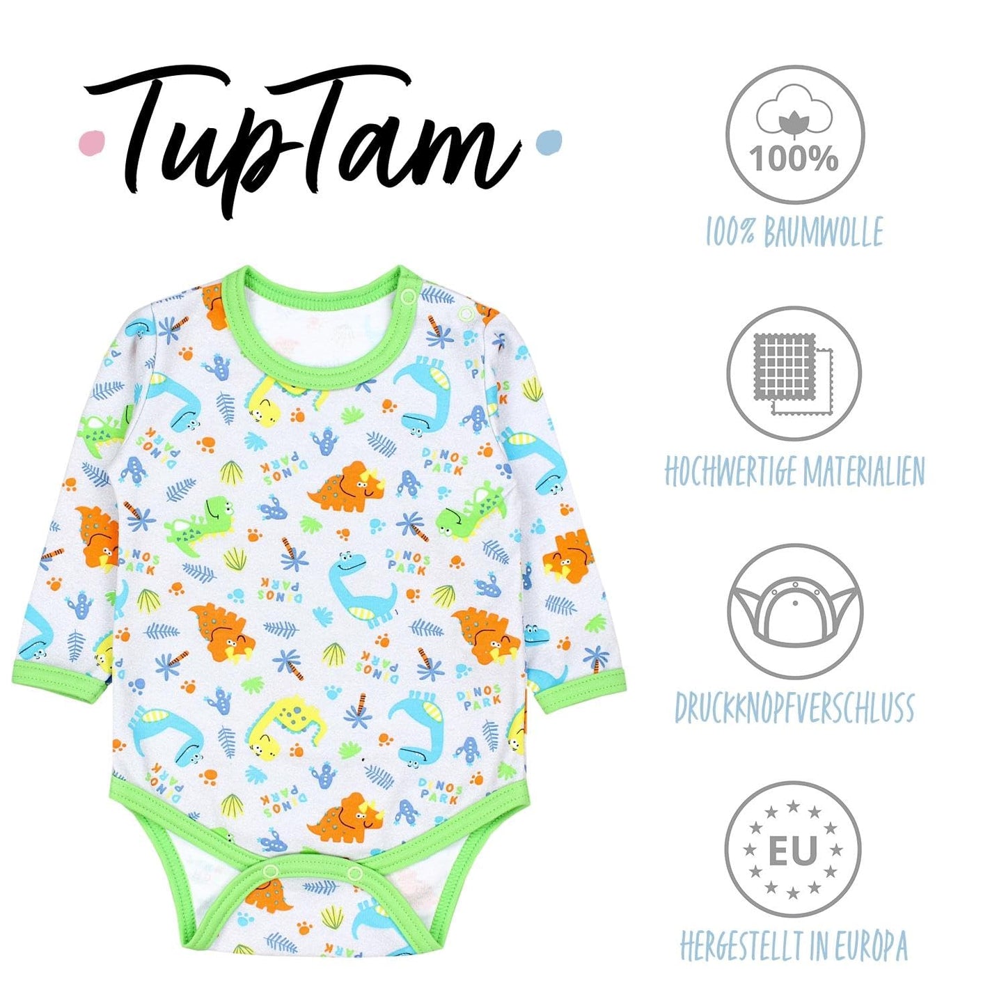 TupTam Baby Body Langarm – Weicher Body Baby 5er Pack aus Baumwolle, Unifarben, OEKO-TEX Zertifiziert